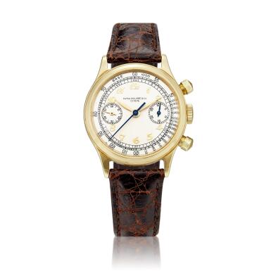 View full screen - View 1 of Lot 2260. Reference 1463 | A yellow gold chronograph wristwatch with Breguet numerals, Made in 1942 | 百達翡麗 | 型號1463 | 黃金計時腕錶,備寶璣式時標,1942年製.