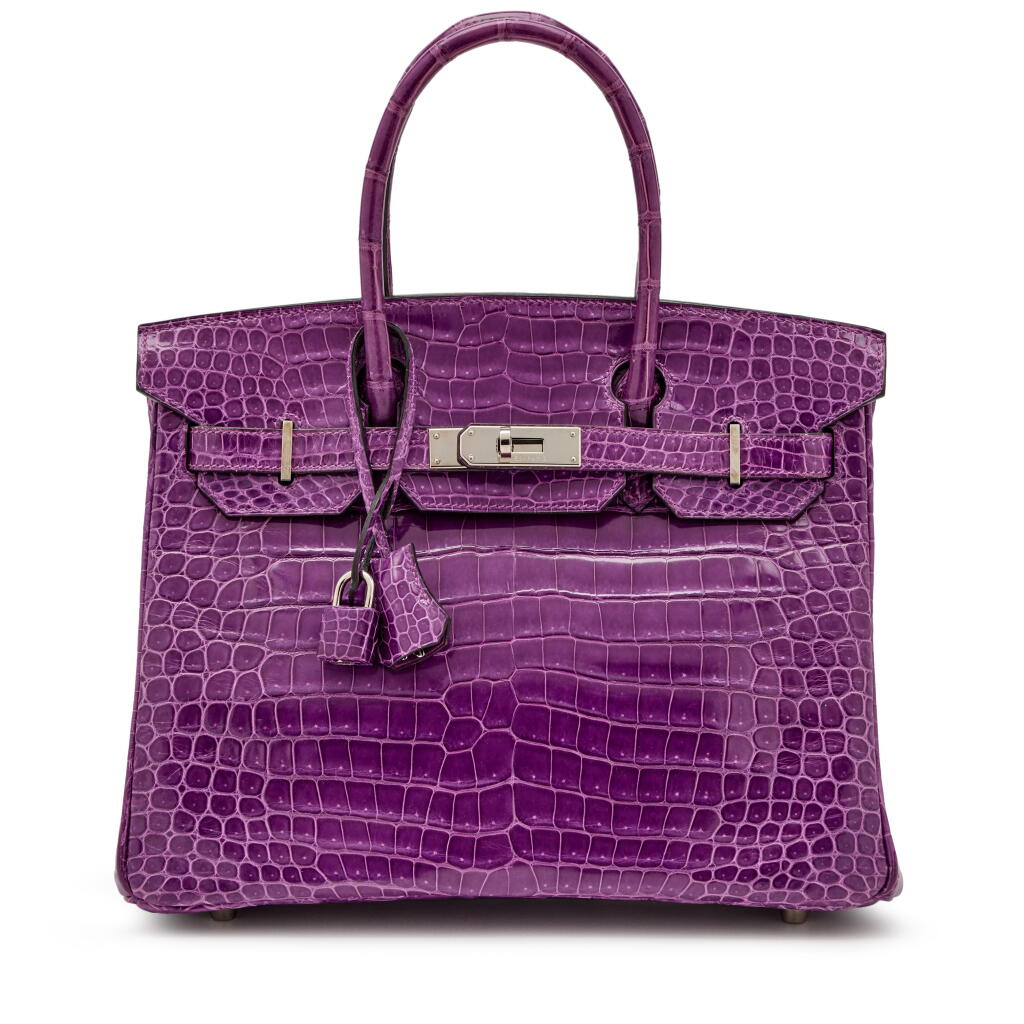 View full screen - View 1 of Lot 111. Amethyst Shiny Porosus Crocodile Birkin 30 Palladium Hardware, 2005.