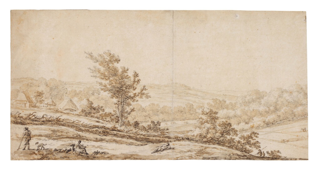 View full screen - View 1 of Lot 42. A mountainous landscape with resting figures near a village.