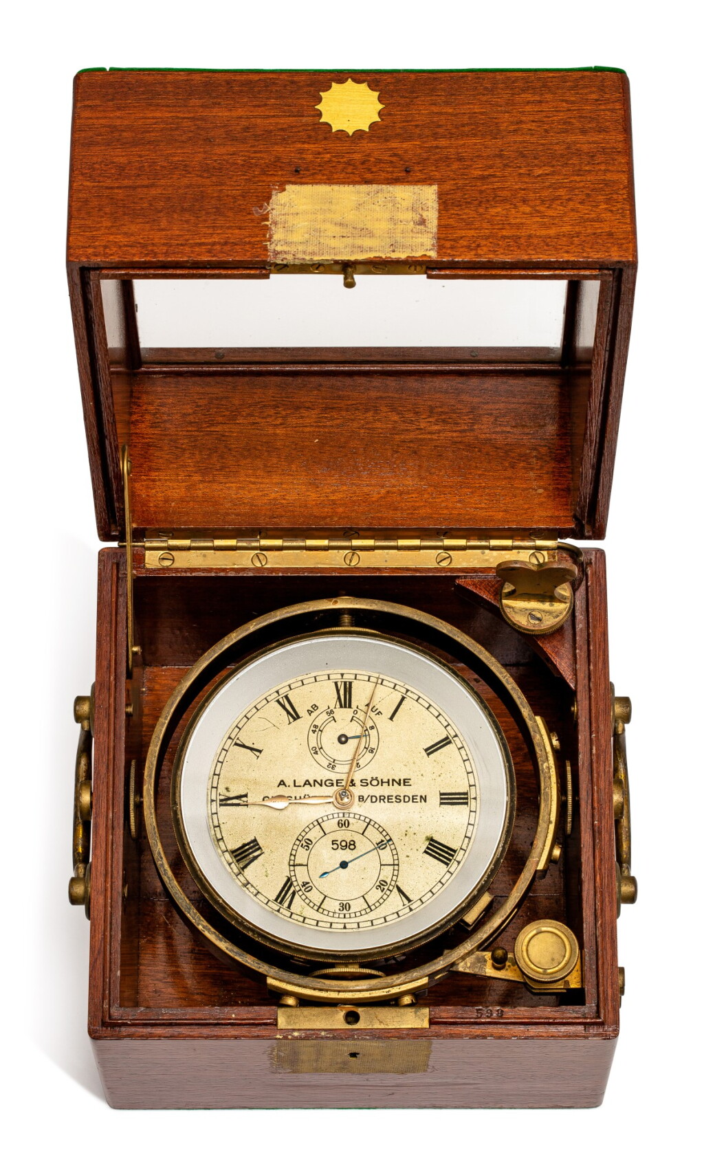 View full screen - View 1 of Lot 8119. A. LANGE & SÖHNE | A MAHOGANY-BOXED BRASS MARINE CHRONOMETER WITH POWER RESERVE INDICATION, CIRCA 1945 | 朗格 | 紅木及銅製航海時計,備動力儲備顯示,約1945年製.