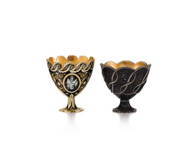 View full screen - View 1 of Lot 156. TWO UNUSUAL GOLD, GILT AND ENAMELLED ZARFS, SWITZERLAND FOR THE OTTOMAN MARKET, EARLY 19TH CENTURY.