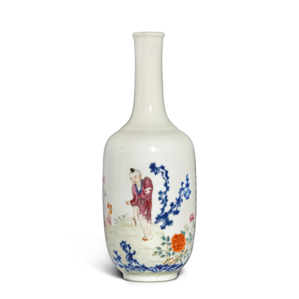View full screen - View 1 of Lot 620. A famille-rose 'chicken and boy' vase, Early 20th century | 二十世紀初 粉彩題詩童子雄雞圖瓶.