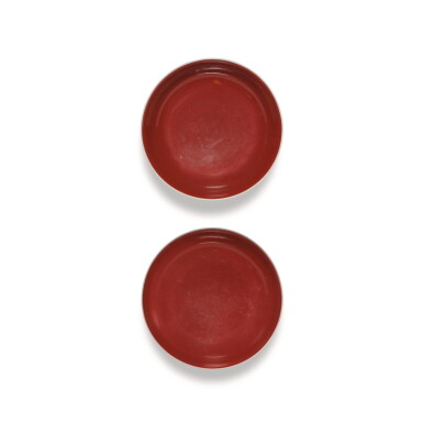View full screen - View 1 of Lot 187. A PAIR OF COPPER-RED GLAZED SAUCER DISHES, QIANLONG MARKS AND PERIOD | 清乾隆 霽紅釉盤一對 《大清乾隆年製》款.