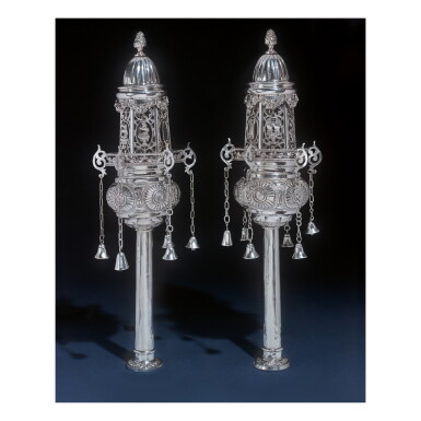 View full screen - View 1 of Lot 250. A PAIR OF LARGE NORTH AFRICAN SILVER TORAH FINIALS, TUNISIA, EARLY 20TH CENTURY.
