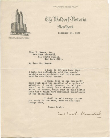 View full screen - View 1 of Lot 39. Winston S. Churchill | Typed letter signed ("Winston Churchill") to Than von Ranck, 24 December 1931.