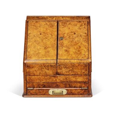 View full screen - View 1 of Lot 230. A Late Victorian Brass Mounted Burr Walnut and Yew Stationery Casket, Late 19th Century.