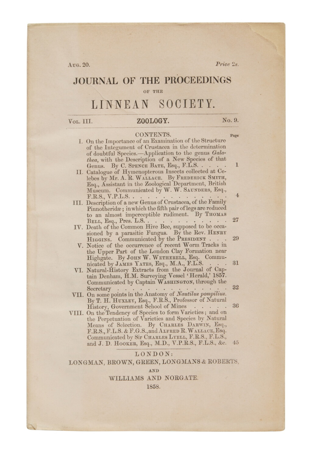View full screen - View 1 of Lot 1021. Darwin, Charles and Alfred Russel Wallace | Darwin announces the theory of natural selection.
