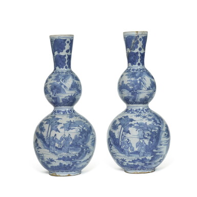 View full screen - View 1 of Lot 71. A pair of Dutch Delft blue and white chinoiserie vases, late 17th century.
