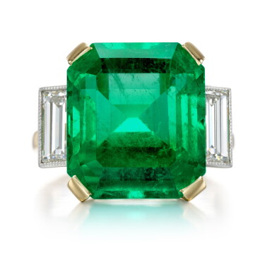 View full screen - View 1 of Lot 56. Emerald and diamond ring.