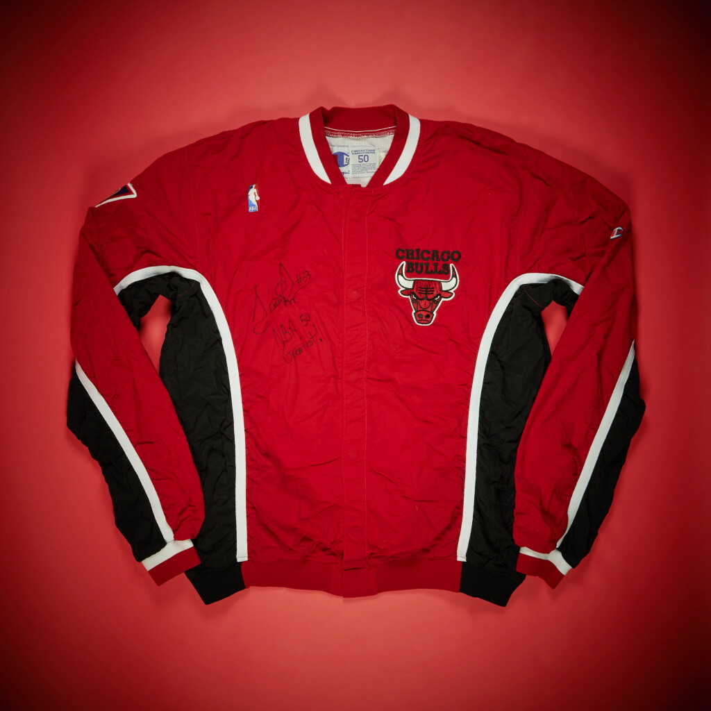 View full screen - View 1 of Lot 46. Scottie Pippen Chicago Bulls 1996-1997 Game Worn and Signed Warmup Jacket | NBA 50 Greatest Patch.