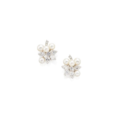 View full screen - View 1 of Lot 302. PAIR OF CULTURED PEARL AND DIAMOND EARCLIPS .