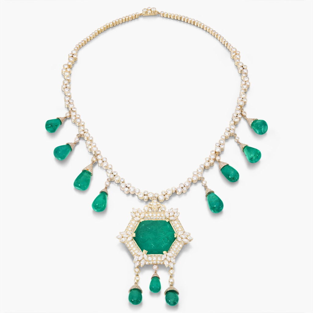 View full screen - View 1 of Lot 523. Emerald and Diamond Pendent Necklace.