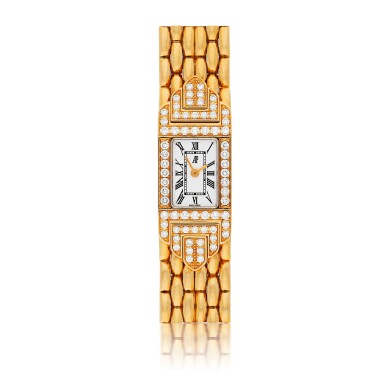 View full screen - View 1 of Lot 16. AUDEMARS PIGUET | A YELLOW GOLD AND DIAMOND SET BRACELET WATCH CIRCA 2000.