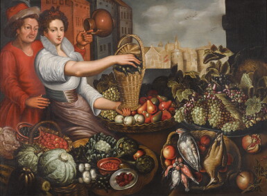 View full screen - View 1 of Lot 116. FOLLOWER OF JOACHIM BEUCKELAER | A market stall of fruit, vegetables and game, with a man holding a jug and a maid holding a basket.