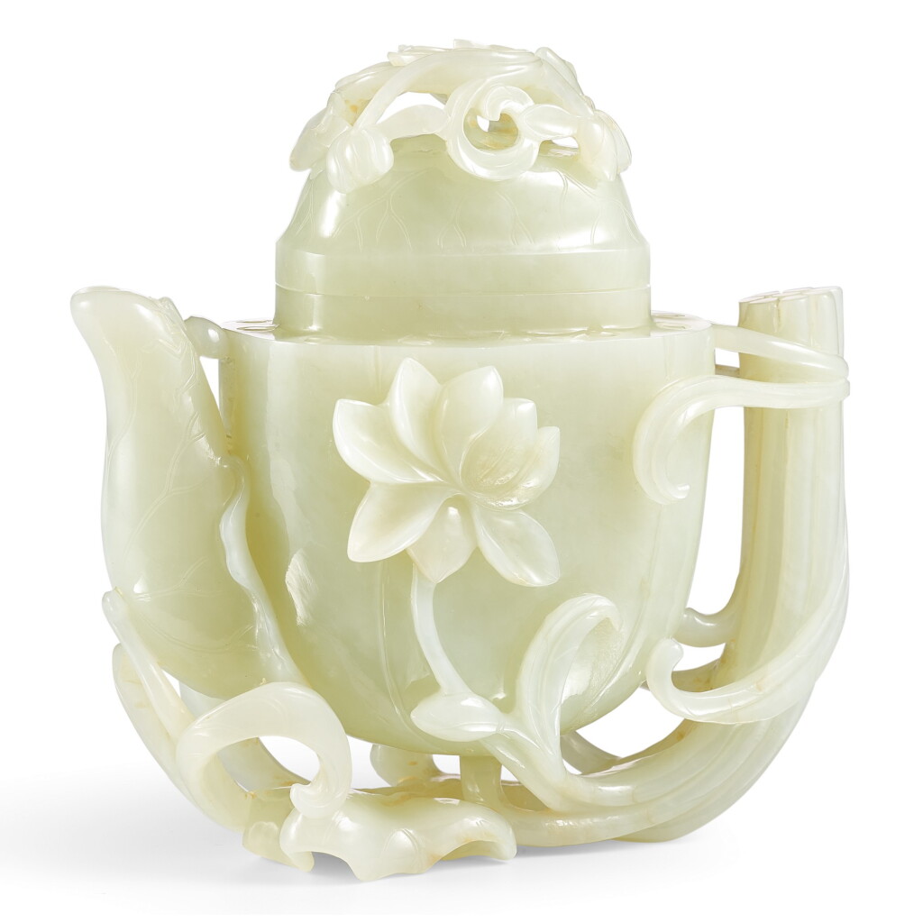 View full screen - View 1 of Lot 3644. A RARE WHITE JADE 'LOTUS AND EGRET' TEAPOT AND COVER QING DYNASTY, 18TH – EARLY 19TH CENTURY | 清十八至十九世紀初 白玉雕一路清廉蓋壺.