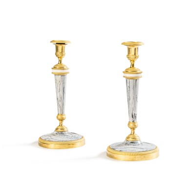 View full screen - View 1 of Lot 2. A pair of gilt-bronze mounted marble candlesticks, probably from the Imperial workshops in Ekaterinburg, circa 1800-1810.