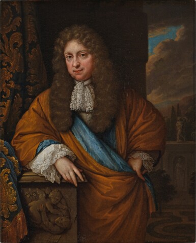 View full screen - View 1 of Lot 60. Portrait of a gentleman, three-quarter length, standing before a garden landscape.