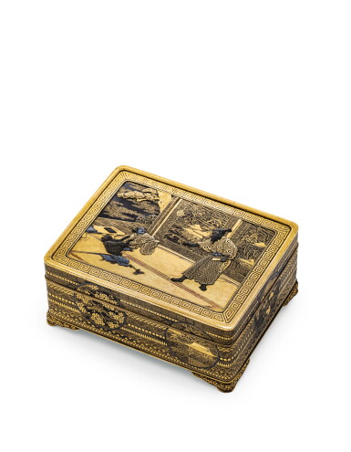 View full screen - View 1 of Lot 114. RARE BOITE COUVERTE HISTORIÉE EN FER NIELLÉ ET INCRUSTÉ D'OR ET D'ARGENT, ATELIER DE KOMAI, KYOTO JAPON, ÉPOQUE MEIJI | 日本明治時期 京都駒井作錯金銀井作坊製錯金銀蓋盒 《日本國京都住駒井製》款 |A rare gold and silver filigree box and cover from the Komai workshop, Kyoto, Japan, Meiji period.