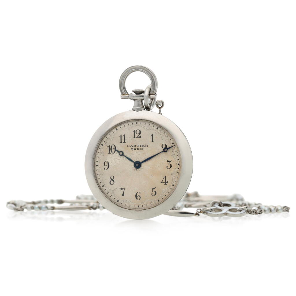 View full screen - View 1 of Lot 165. A platinum and enamel open faced pendant watch with necklace, Circa 1920.