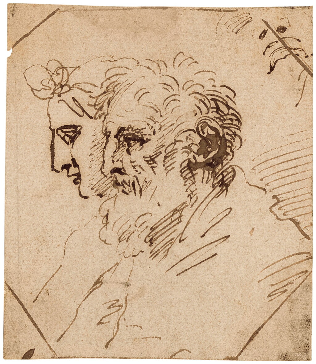 View full screen - View 1 of Lot 5. Study of two heads, seen in profile: a head of a man with a beard and head of a woman with a floral headpiece.