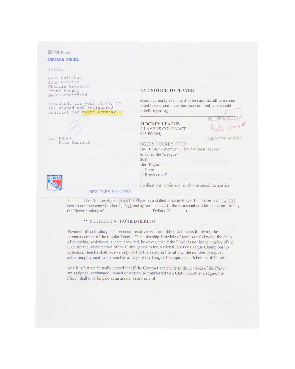 View full screen - View 1 of Lot 26. Wayne Gretzky New York Rangers 1996 Signed Contract.