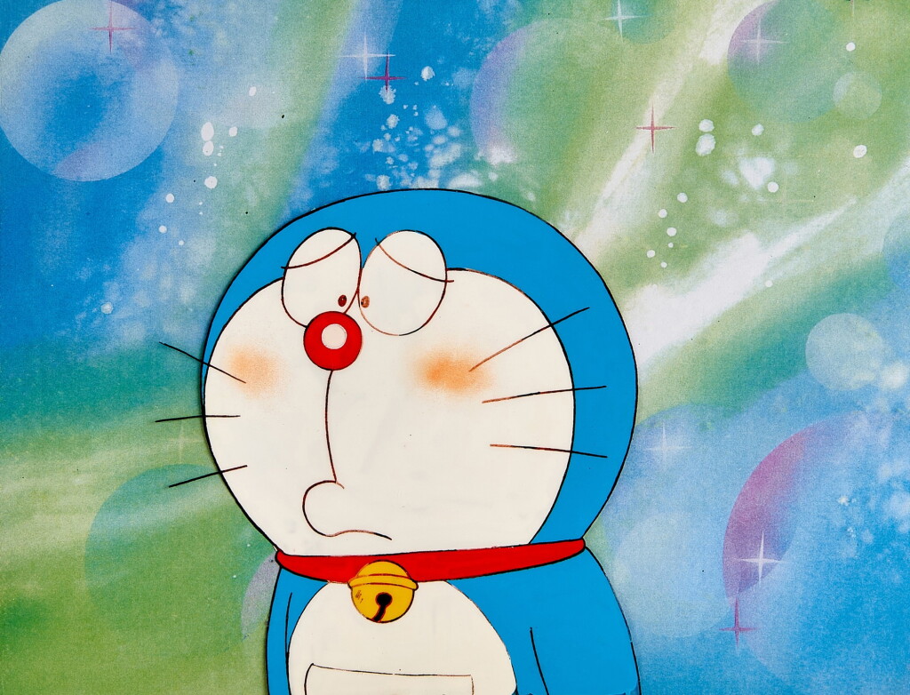 View full screen - View 1 of Lot 86. Doraemon Blushing Animation Cel with Printed Background | 臉紅的哆啦A夢賽璐璐,附印刷背景.