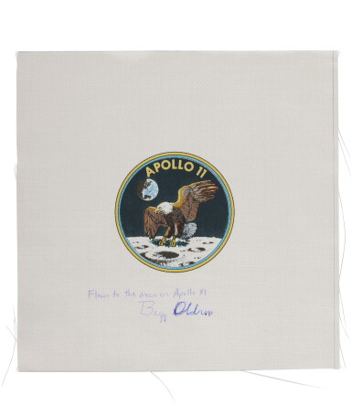 View full screen - View 1 of Lot 41. FLOWN to the Moon on Apollo 11—Buzz Aldrin's Apollo's 11 Beta Cloth Mission Emblem.