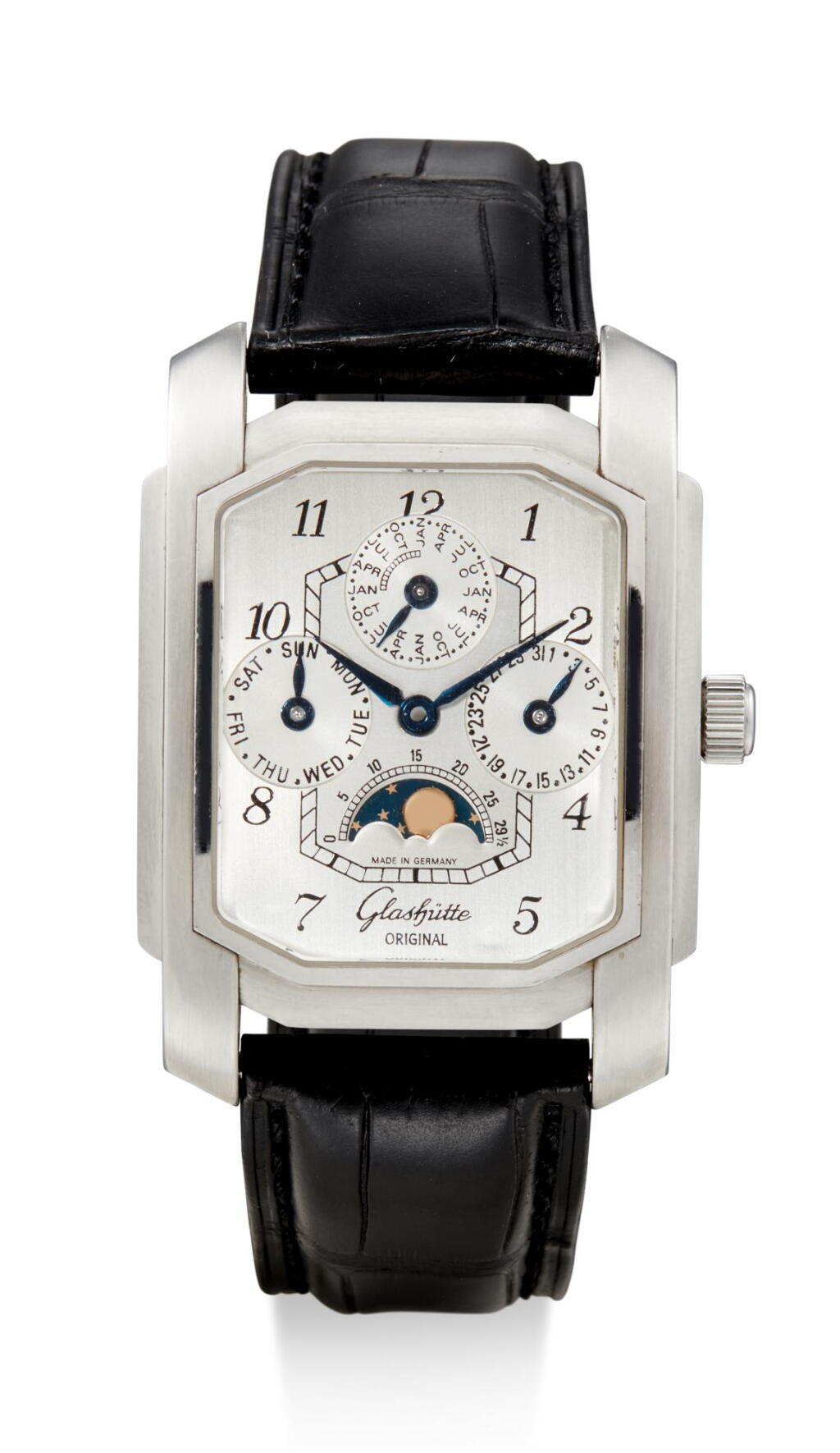 View full screen - View 1 of Lot 8137. GLASHÜTTE ORIGINAL | A STAINLESS STEEL PERPETUAL CALENDAR WRISTWATCH WITH MOON PHASES, CIRCA 2010.