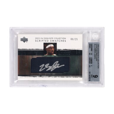 View full screen - View 1 of Lot 28. 2003-04 Upper Deck Exquisite Collection Scripted Swatches Game Used Patch Rookie Autograph #SS-LJ LeBron James 06/25 - BGS 9/Autograph 10 | On-Patch Autograph.