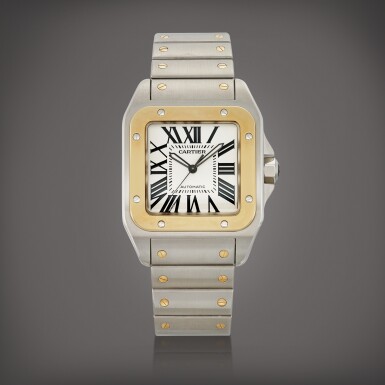 View full screen - View 1 of Lot 8791. Santos 100, Reference 2656 | A yellow gold and stainless steel wristwatch with bracelet, Circa 2006 | 卡地亞 | Santos 100 型號2656 | 黃金精鋼鏈帶腕錶,約2006年製.