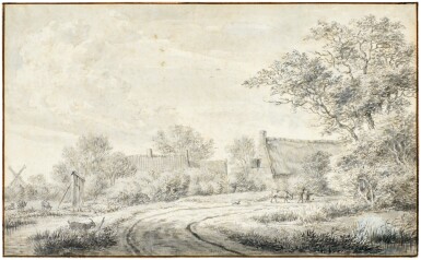 View full screen - View 1 of Lot 733. A Man and Boy leading a Cow along a Dyke Path by a Village.