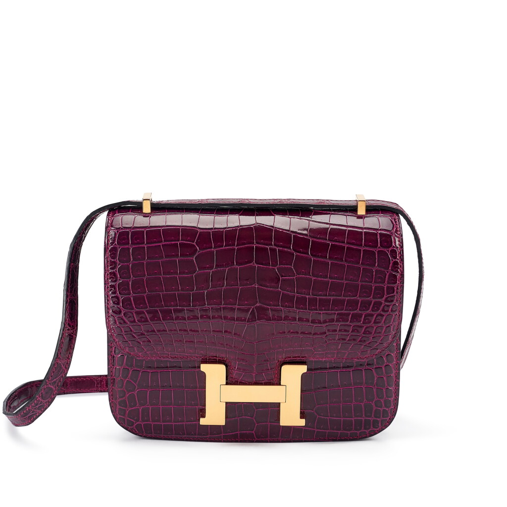 View full screen - View 1 of Lot 138. Bordeaux Shiny Porosus Crocodile Mini Constance 18 Gold Hardware, 2001.