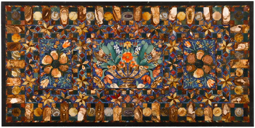 View full screen - View 1 of Lot 18. A jasper, agate, carnelian and lapis lazuli black marble inlaid table top, probably 19th century and Russian.