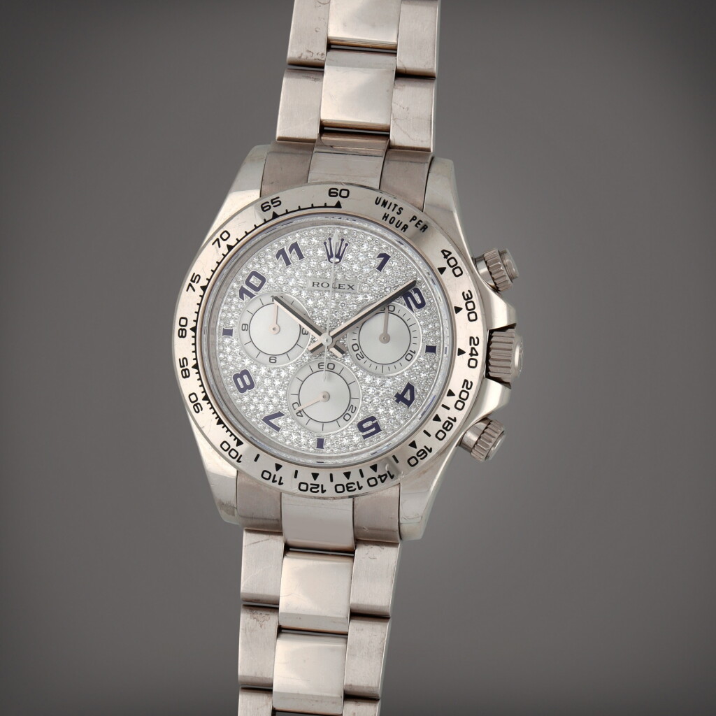 View full screen - View 1 of Lot 167. Daytona, Reference 116509 | A white gold chronograph wristwatch with diamond-set dial and bracelet | Circa 2007.
