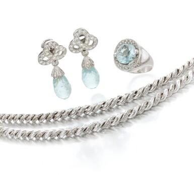 View full screen - View 1 of Lot 135. Pair of diamond bracelets and aquamarine and diamond demi-parure (Coppia di bracciali in diamanti e demi-parure con acquamarine e diamanti).