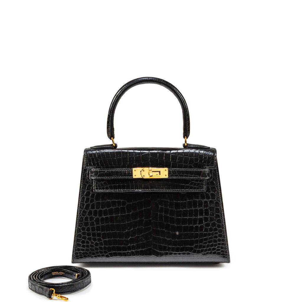 View full screen - View 1 of Lot 619. Vintage Black Porosus Crocodile Mini Kelly I Gold Hardware, 1991.