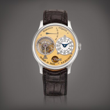 View full screen - View 1 of Lot 2180. Tourbillon Souverain à Remontoir d'Égalité A platinum tourbillon wristwatch with constant force remontoire, power reserve indication and brass movement, Circa 2003 | Tourbillon Souverain à Remontoir d'Égalité 鉑金陀飛輪腕錶備恆動力裝置、動力儲存顯示及黃銅機芯,約2003年製.