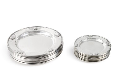 View full screen - View 1 of Lot 392. A SET OF EIGHT DANISH SILVER BLOSSOM PATTERN COASTERS, NO. 428C, AND EIGHT BUTTER PATS, NO. 428A, GEORG JENSEN SILVERSMITHY, COPENHAGEN, 20TH CENTURY.