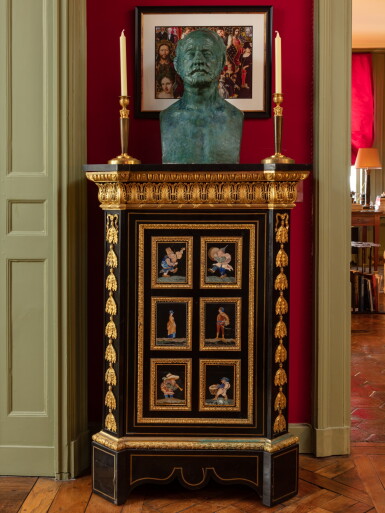 View full screen - View 1 of Lot 69. A Louis-Philippe ebony veneered with gilt-bronze mounts and Italian hardstones plaques cabinet, by Alexandre Bellangé, circa 1840, the four musicians plaques, grand dukal workshop, Florence, late 18th century, the two plaques of the elegant couples, mid 18th century | Cabinet en placage d’ébène, monture de bronze doré et plaques en pierres dures d’époque Louis-Philippe, par Alexandre Bellangé vers 1840, les plaques des quatre musiciens, atelier grand-ducaux, Florence, fin du XVIIe siècle,les deux plaques du couple élégant, milieu du XVIIIe siècle.