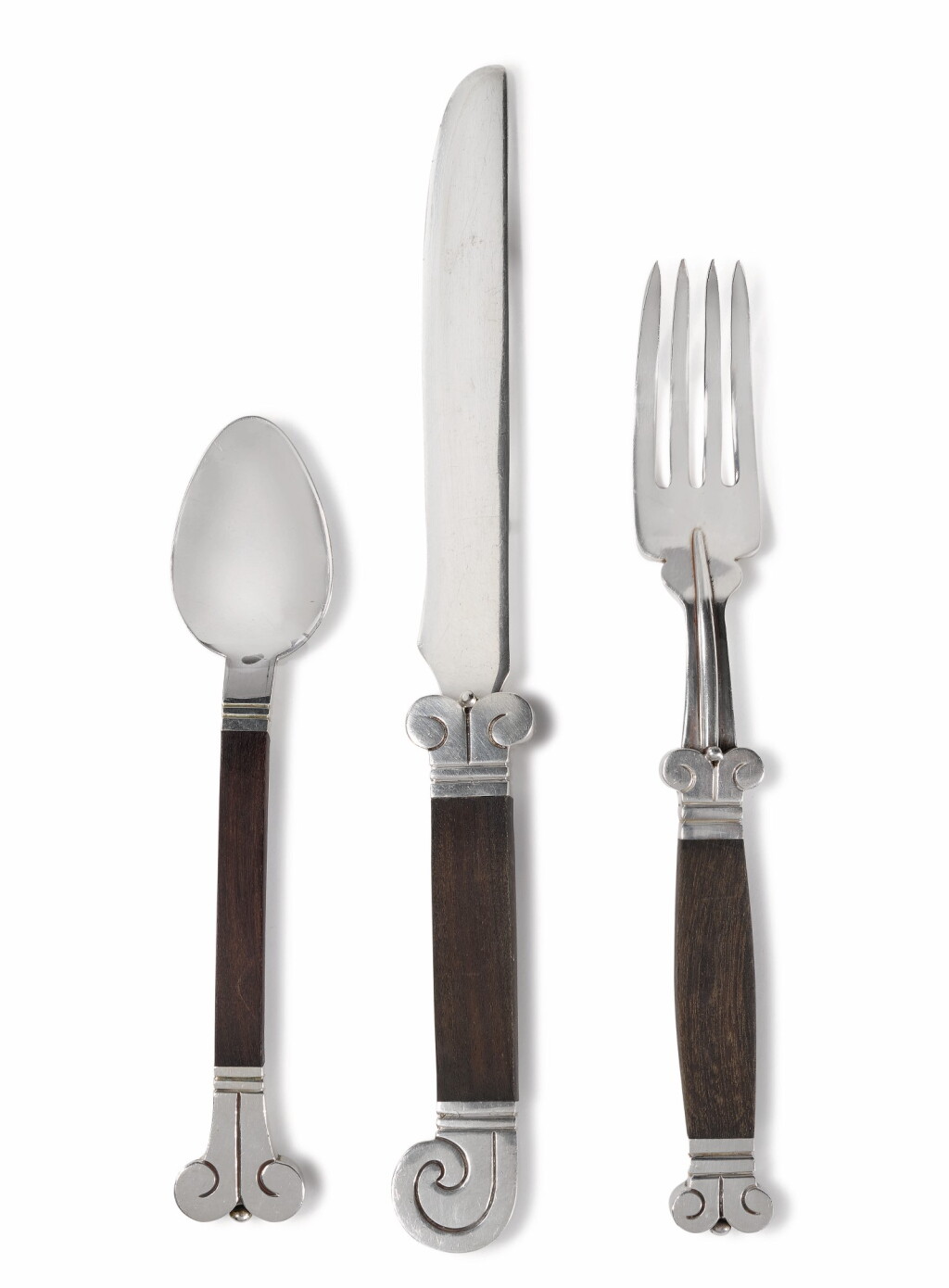 View full screen - View 1 of Lot 409. A MEXICAN SILVER AND WOOD AZTEC PATTERN FLATWARE SERVICE, HECTOR AGUILAR, TAXCO, 20TH CENTURY.