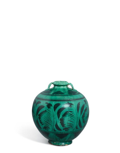 View full screen - View 1 of Lot 3721. A green-glazed painted 'floral' jar, Song dynasty | 宋 綠釉墨彩花葉紋雙繫罐.