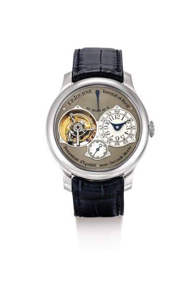 View full screen - View 1 of Lot 2161. F.P. JOURNE | TOURBILLON SOUVERAIN D'EGALIT, AVEC SECONDE MORTE, A PLATINUM TOURBILLON WRISTWATCH WITH CONSTANT FORCE REMONTOIRE, DEAD BEAT SECONDS AND POWER RESERVE INDICATION, CIRCA 2006 | "Tourbillon Souverain D'egalit, Avec Seconde Morte 鉑金陀飛輪腕錶,備恆定動力裝置、跳秒及動力儲備顯示,錶殼編號293-TN,約2006年製".