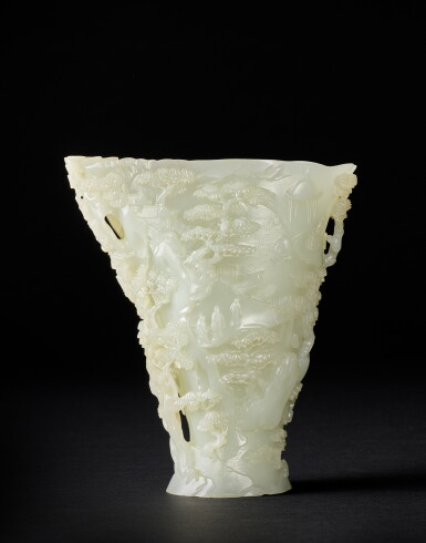 View full screen - View 1 of Lot 9821. A large imperial inscribed white jade rhinoceros horn libation cup-imitation vessel, Fanggu mark and period of Qianlong, dated to the dingyou year (in accordance with 1777) | 清乾隆 白玉御題詩上方山仿犀角盃 《大清乾隆仿古》款.