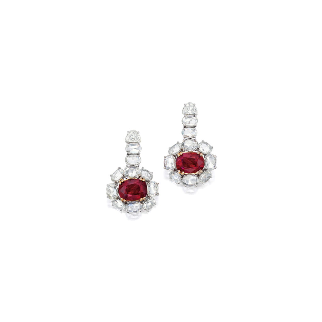 View full screen - View 1 of Lot 1785. PAIR OF RUBY AND DIAMOND PENDENT EARRINGS 3.86及5.03卡拉 天然 「緬甸」紅寶石 配 鑽石 吊耳環一對.