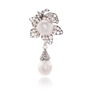 View full screen - View 1 of Lot 1081. Natural pearl and diamond brooch, attributed to Moritz Hübner, late 19th century.
