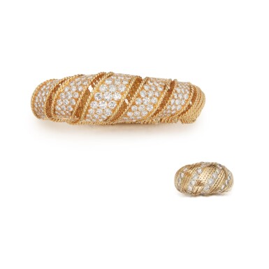 View full screen - View 1 of Lot 5. Gold and Diamond Bracelet and Pair of Earclips.