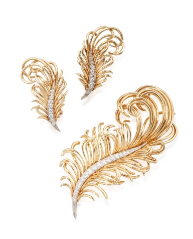 View full screen - View 1 of Lot 7. GOLD AND DIAMOND BROOCH AND PAIR OF EARCLIPS, TIFFANY & CO..