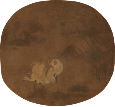 View full screen - View 1 of Lot 258. Anonymous (Ming Dynasty), Herons by the pond, ink and color on silk, round fan leaf, framed.