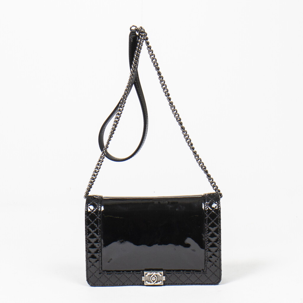 View full screen - View 1 of Lot 3. CHANEL | BLACK PATENT QUILTED LEATHER BOY REVERSO WALLET ON CHAIN WITH BRUSHED PALLADIUM HARDWARE.