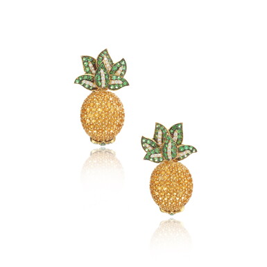 View full screen - View 1 of Lot 996. Pair of citrine, tsavorite garnet and diamond earrings.